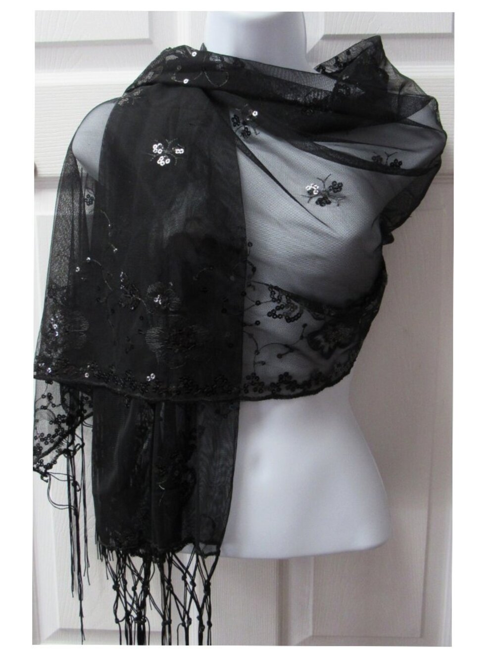 Black Dressy Sequin Sparkle Scarf Shawl Wrap Wedding Bridal Evening Formal Prom